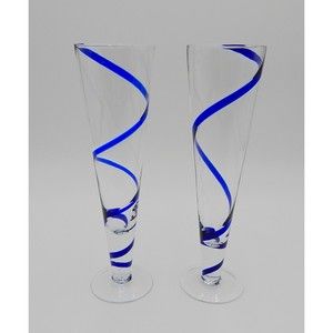 Pier 1 One Cobalt Blue SWIRLINE Pilsner Beer 10” Tall Swirl Glass Pair Handblown